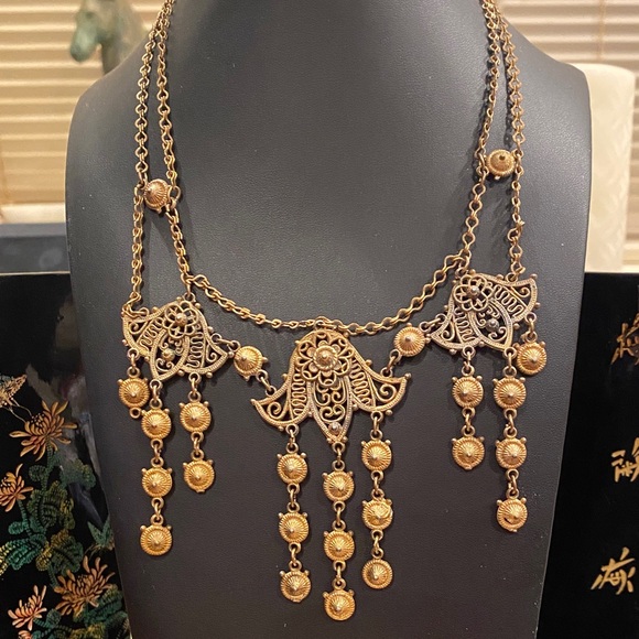 Antique Jewelry - Antique Victorian Etruscan Revival Gold Gilt Filigree Festoon Fringe Necklace